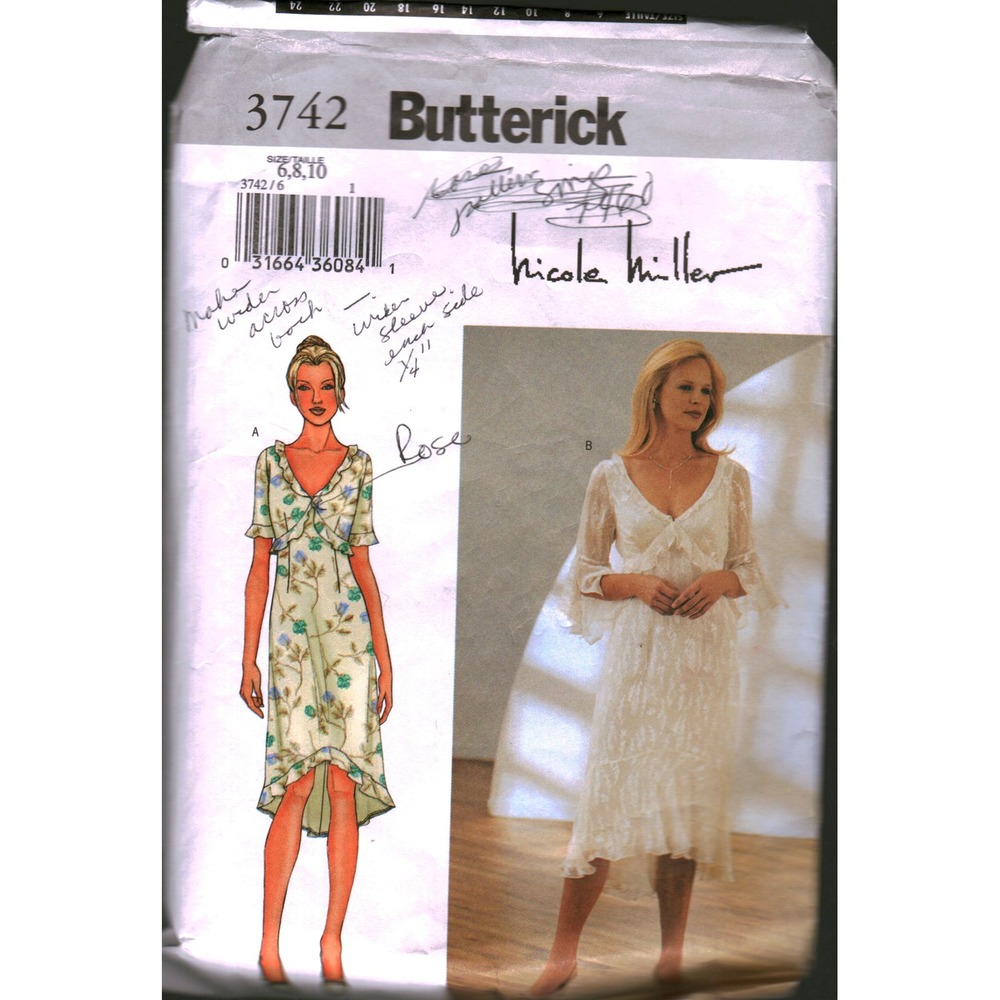 Butterick 3742 Sewing Pattern Misses‎ Lined Dress Raised Waist V-Neck Size 6-10
